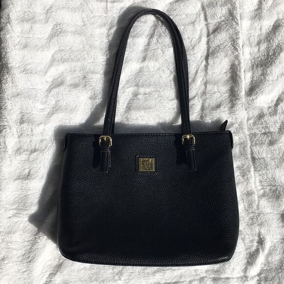 Anne Klein black faux leather bag/ tote bag with polka dot lining - Picture 2 of 15